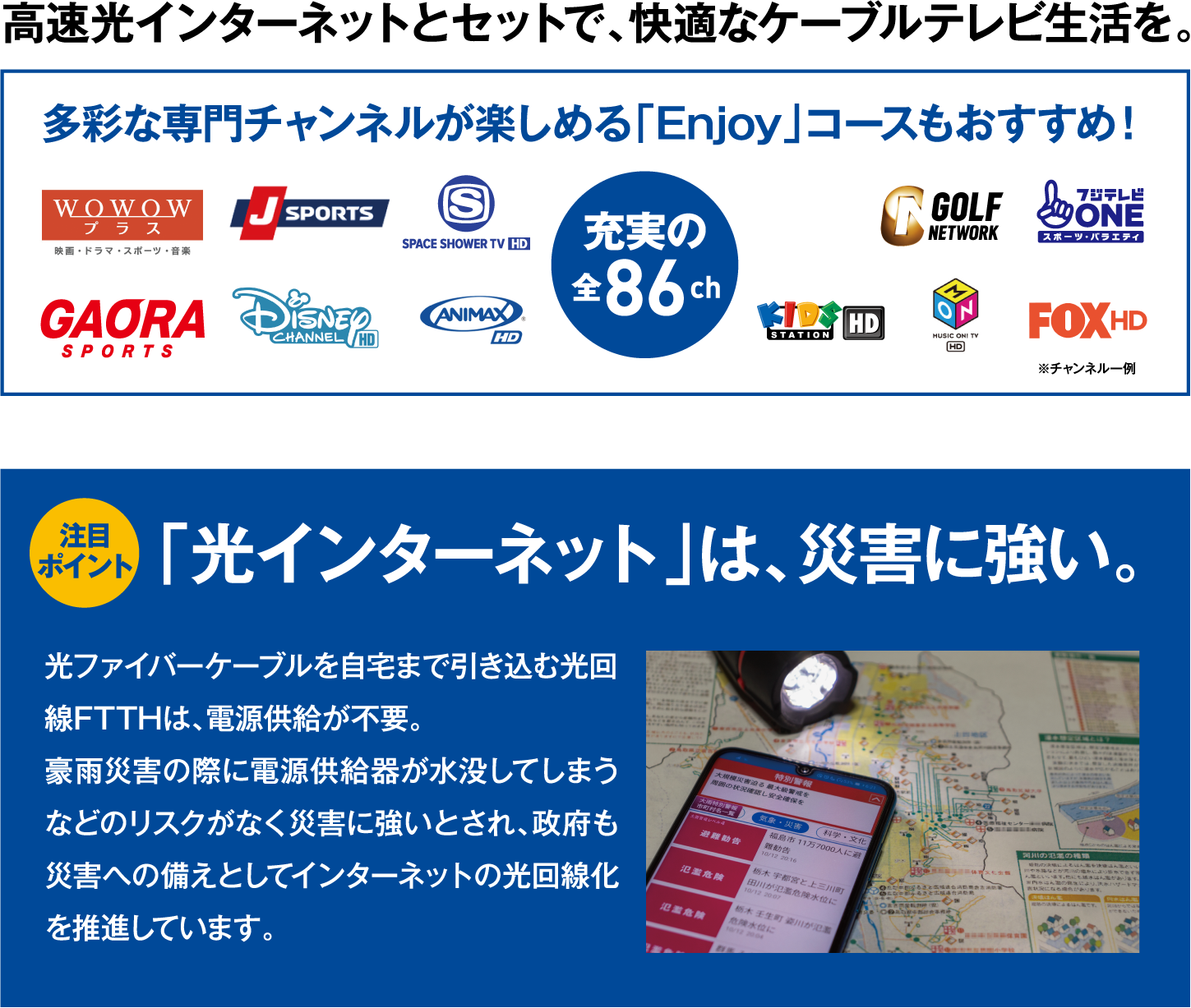 高速光インターネットとセットで、快適なケーブルテレビ生活を。